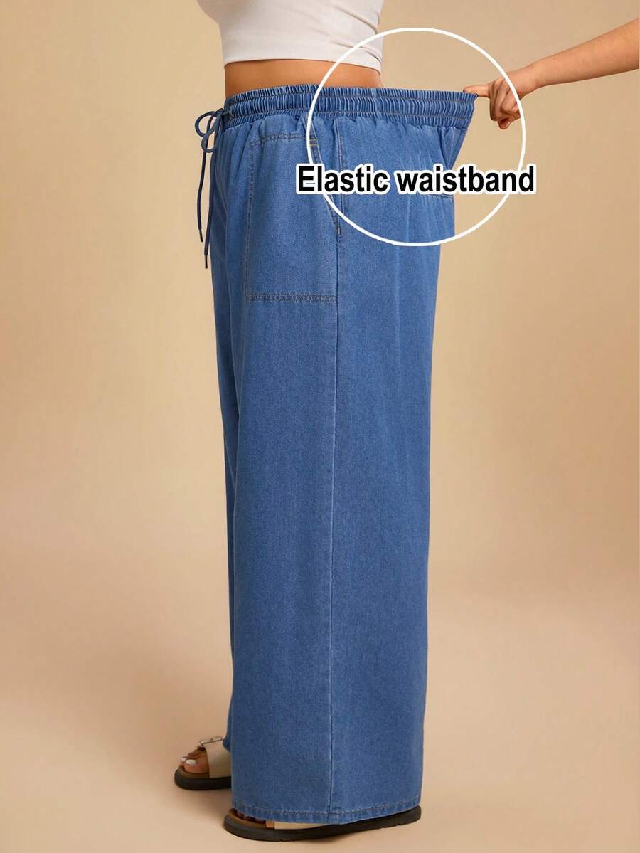 Travachic 大码女式抽绳腰阔腿宽松休闲牛仔裤 - 中等水洗藍 - 查看 1
