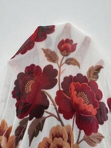 SHEIN CURVE+ 大码女士度假针织网纱复古花卉图案V领长袖喇叭袖前系带蝴蝶结A字衬衫 - 彩色 - 查看 9