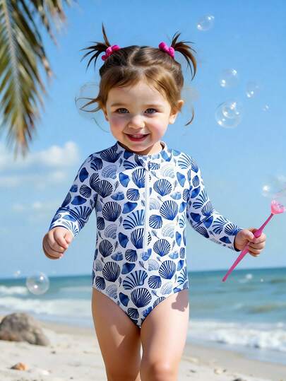 Áo tắm liền thân tay dài bằng vải dệt kim in họa tiết vỏ sò ngẫu nhiên nhiều màu sắc dễ thương cho bé gái, thích hợp cho kỳ nghỉ.