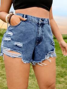 SHEIN EZwear 大码纯色做旧毛边修身性感牛仔短裤 - 淺色水洗藍 - 查看 4