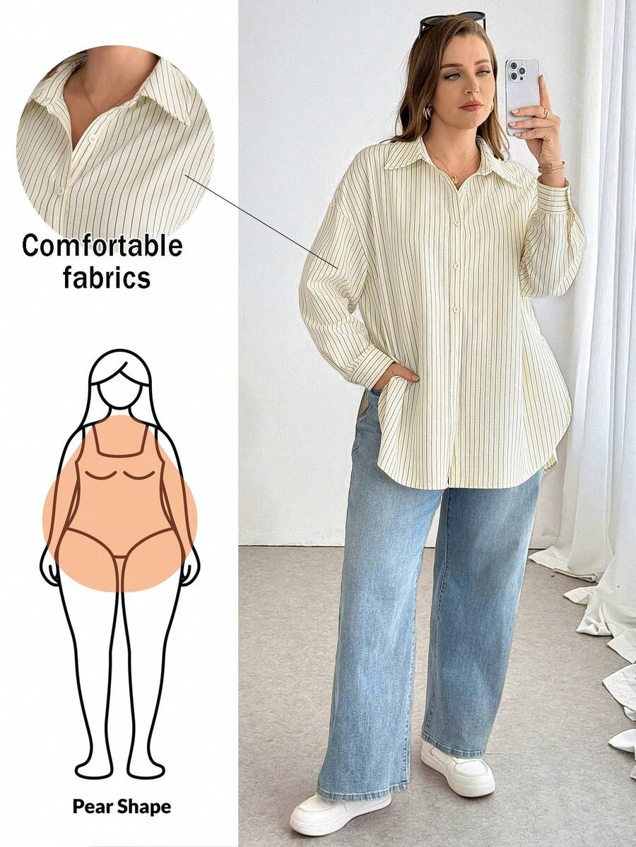 SHEIN Essnce Áo sơ mi dài tay kẻ sọc cài cúc, kiểu dáng rộng rãi thoải mái, cơ bản, đa năng, tôn dáng dành cho nữ, thích hợp mặc hàng ngày, thời trang xuân/hè, dành cho nữ, kiểu dáng rộng, đơn giản, thích hợp cho mùa xuân. - Màu vàng - Xem 1