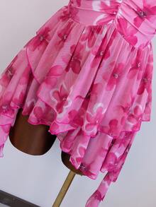 Zestiva-D 女士夏季粉色玫瑰印花露背深V连体泳衣，搭配多层不对称雪纺裙摆，甜美度假风，海滩泳池氛围，修身泳装 - 彩色 - 查看 5