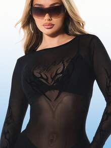 BABYPHAT Black Tattoo Flock Print Long Sleeve Mesh Mini Dress Bodycon Party Cocktail Evening Club Night Out - Black - View 7