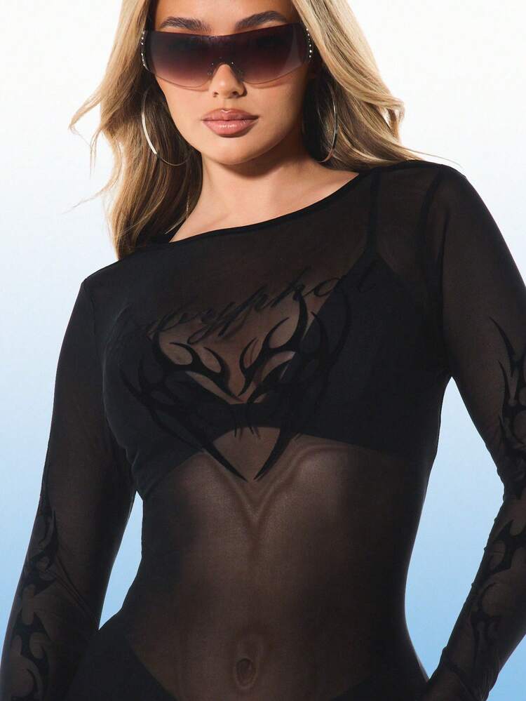 BABYPHAT Black Tattoo Flock Print Long Sleeve Mesh Mini Dress Bodycon Party Cocktail Evening Club Night Out