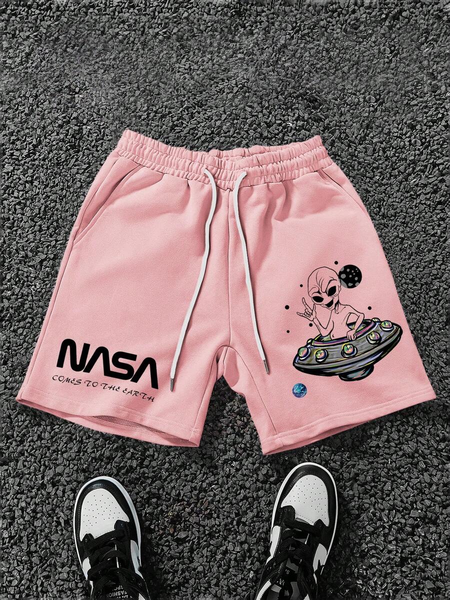 Manfinity Homme Quần short nam dáng rộng, họa tiết người ngoài hành tinh và chữ cái, cạp chun, có dây rút. - Hồng - Xem 1