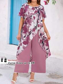 SHEIN CURVE+ 2pcs Plus Size Women's Pink Floral Asymmetrical Hem Shirt And Loose Pants Set, Elegant Daily Romantic Outfit, Spring - Pink - View 10