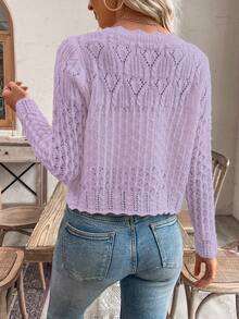 EMERY ROSE Women's Round Neck Hollow Front Button Cardigan, Autumn/Winter Knitted Sweater Jacket - Purple - View 2