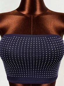 BamGleam Bộ đồ hai mảnh gợi cảm dành cho nữ, thích hợp dự tiệc hộp đêm, gồm áo croptop và chân váy ngắn đính đá màu trơn, kiểu dáng mùa hè. - Màu xanh hải quân - Xem 5