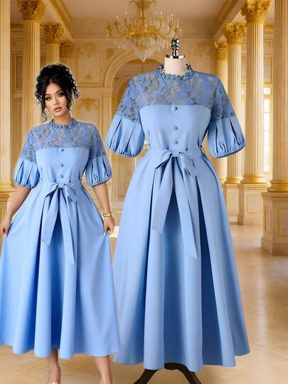 Rometta Plus Size Women's Spring/Summer Blue Lace Patchwork Maxi Dress With Button Design, Waist Belt, A-Line Silhouette, Elegant Palace Style, Crossover Collar, Side Slit, Slimming A-Line, Graceful Women's Top, Suitable For New Year, Date, Graduation, Festivals, Valentine's Day, Music Festivals, Mother's Day, Halloween, Thanksgiving, Easter, National Day, Dances, Dates, Parties, Weddings, Outings, Etc. Light Blue Tea Party Dress Elegant Blue Midi Dress Plus Size Light Blue Dress Light Blue Vintage