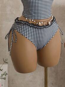 Swim Vcay Conjunto de tankini de 2 piezas para mujer, parte superior con cuello de halter con volantes y estampado a cuadros de café, Bottom de bikini con cordón y fruncido - Blanco y Negro - Ver 5