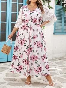 SHEIN CURVE+ Curve 尺码 US22 音乐节、海滨度假、波西米亚风女士粉色印花短袖假日风长连衣裙，适合派对、婚礼和度假 - 粉色 - 查看 4