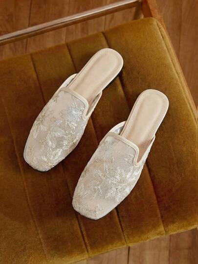 秋冬女式花卉刺绣网眼拼接平底穆勒鞋，时尚户外平底鞋