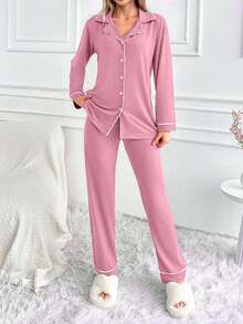 EURMUSE Classic Button Front Pajama Set – Soft Long Sleeve Top & Comfy Straight Leg Pants Loungewear - Pink - View 5