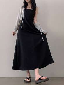 DAZY Women's Casual Mid-Length Solid Color Dress, Korean Style Sundress Summer Petite - Black - View 10