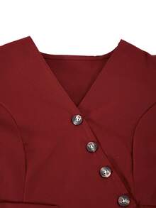 SHEIN Tween Girls 2pcs/Set Red Fall Outfit Matching Family V-Neck Puff Sleeve Button-Up Cropped Top Wide-Leg Pants Elegant 80s Western Cute School Cheer - Burgundy - View 4