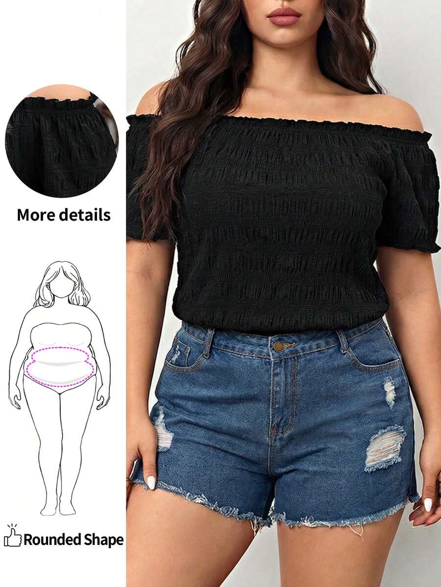 Enliva 露肩荷叶边褶皱衬衫，适合女性办公室穿着，亦可作为度假夏季优雅上衣。 - 黑色 - 查看 1