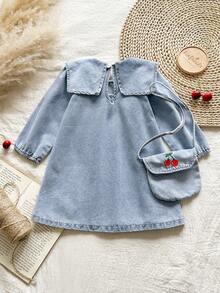 Vintaside Kids Vestido vaquero de manga larga con gran cuello bordado para niñas pequeñas, estilo occidental de primavera y otoño, diseño sencillo y lavado, adecuado para clima templado, muy apropiado para mantener cálida a la bebé en los meses frescos. El diseño es práctico y a la moda, apto para el uso diario. - Lavado ligero - Ver 2