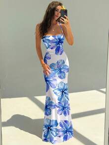 Aloruh Women's Elegant Floral Print Backless Halter Dress, Blue Floral Pattern - Blue - View 6