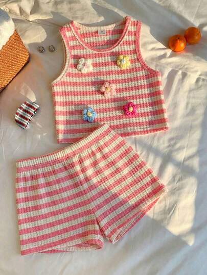 2pcs/Set Spring/Summer Girls' Striped Knit Camisole & Shorts Set, Top In Pink & White Stripes With Floral Embroidery Decor, Matching Striped Shorts, Bright Colors, Cute Patterns, Suitable For Daily, Entertainment, Outdoor Wear