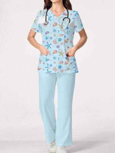 PopScrub Cartoon Shell Print Casual Nursing Scrub Uniform Set For Women