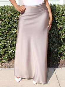 Steph T Women's Elegant Satin Skirt, Versatile Fish Tail Hem A-Line Skirt, Everyday Wear - Khaki - View 3