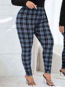 SHEIN Essnce 大码女式格子弹力紧身打底裤 - 灰色 - 查看 4