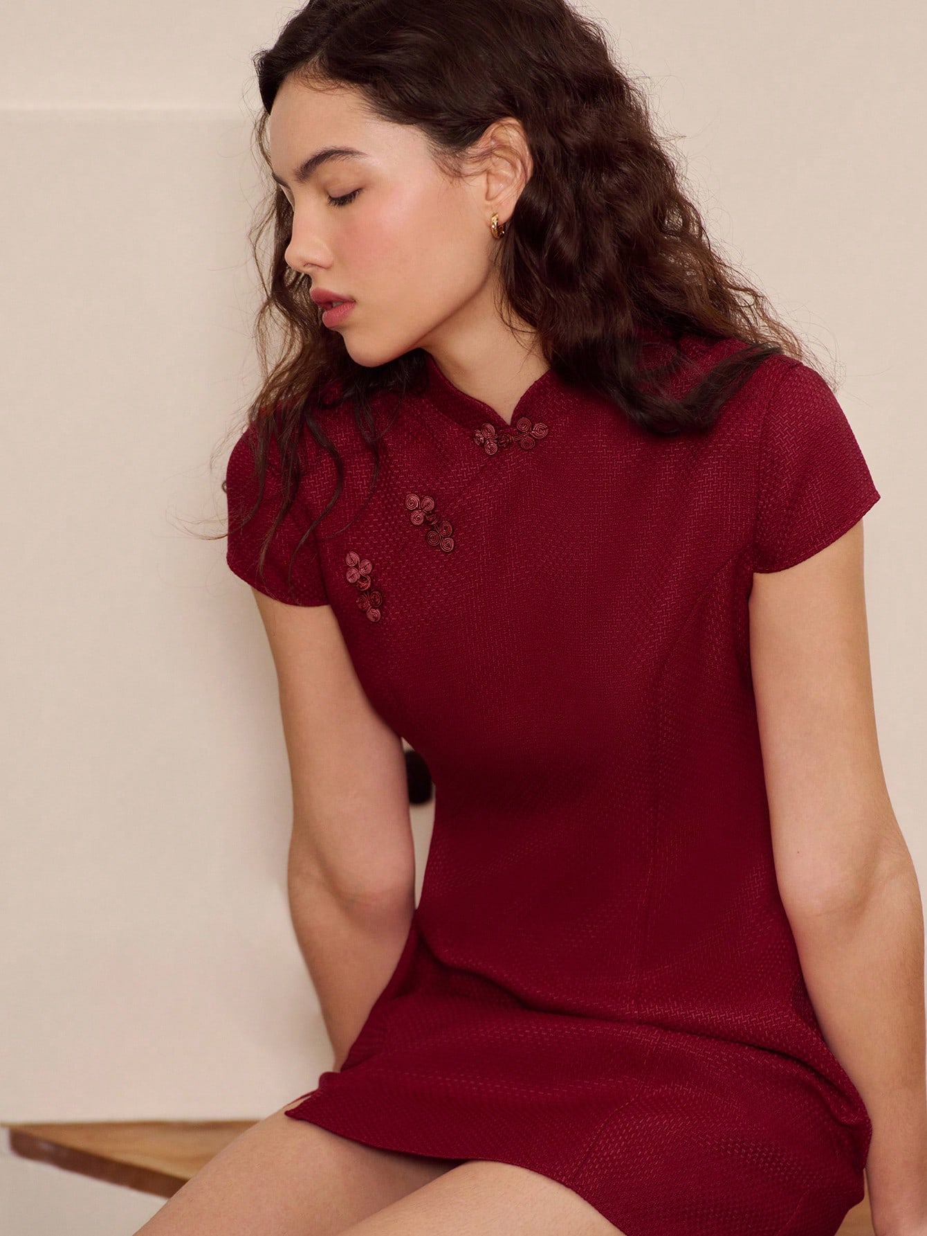 Elegant Festive Red Tweed Mandarin Collar Mini Dress Ideal For Christmas