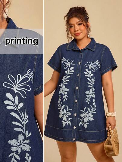 Travachic Plus-Size Women's Shirt Dress, Loose Short-Sleeved Dress, Vacation Floral Dress,Summer Dress .Beach Vacation Outfits