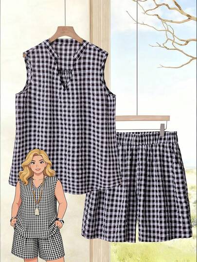 EMERY ROSE Plus Size Women Plaid V-Neck Camisole And Shorts Casual 2-Piece Set\Summer\Vacation Summer Outfits Summer Clothes  Spring  Spring Outfit Women Spring Clothes Country Style For Women Women's Summer Two-Piece Sets