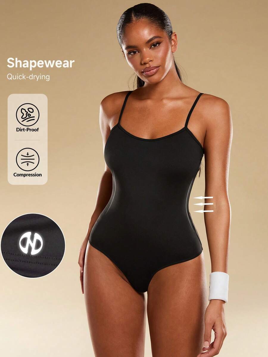 Normani Women's Black Summer Basic Casual Everyday Bodysuit,Tummy Control Shapewear,Compression Quick Drying Dirt-Proof Seamless Spaghetti Strap Body Shaper