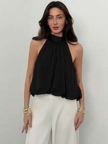 Aloruh Women's Solid Color Ruched Halter Casual Versatile Daily Wear Top,Summer Top - Black - View 4