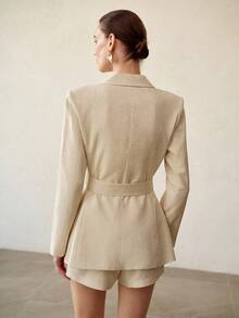 MOTF PREMIUM 闪亮金色亮片亚麻时尚女式西装外套 - 杏色 - 查看 2