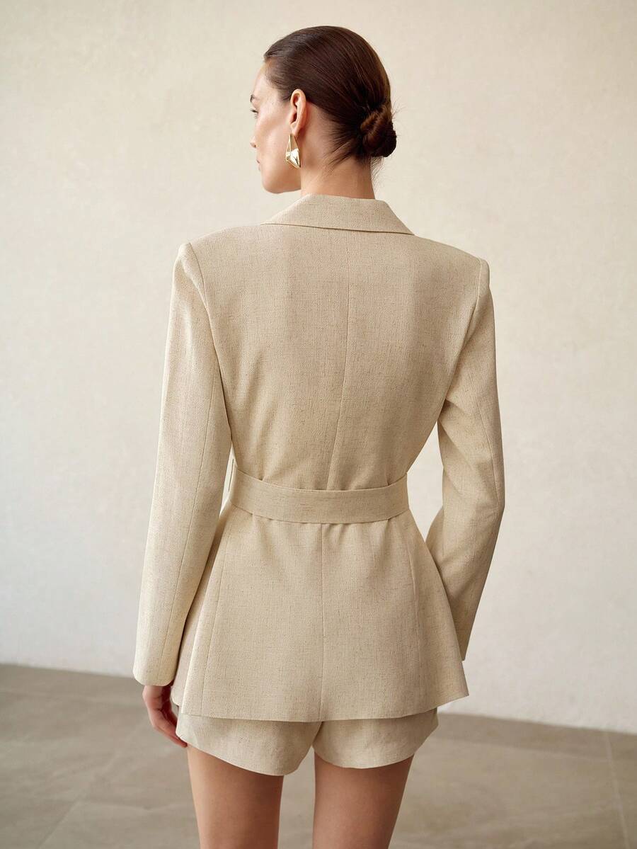 MOTF PREMIUM 闪亮金色亮片亚麻时尚女式西装外套 - 杏色 - 查看 2