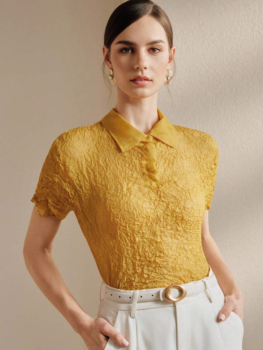 Anewsta Camiseta de manga corta con cuello de camisa de textura amarilla elegante para uso urbano de mujer - Amarillo - Ver 1