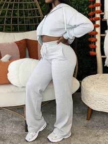 INAWLY Conjunto de 2 piezas de sudadera con capucha y cremallera con estampado floral gris y pantalones rectos con cordón y bolsillos para mujer de talla grande - Gris Claro - Ver 3