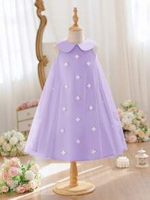 SHEIN Vestido casual de unicolor con cuello Peter Pan y patchwork de malla para niña joven, vestido de fiesta y cóctel para niñas jóvenes, vestidos elegantes, color lavanda para niñas - Púrpura malva - Ver 6