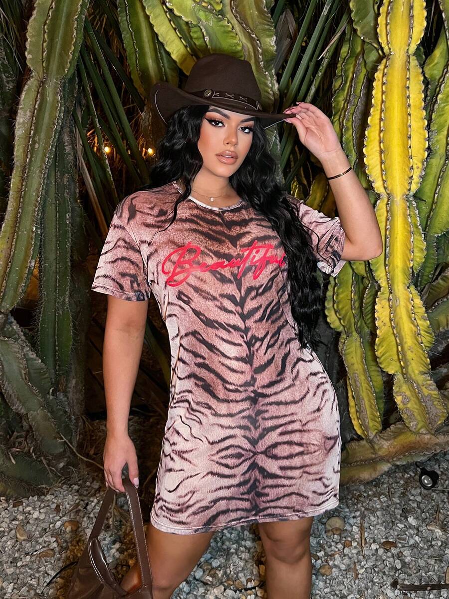 SHEIN SXY Women's Round Neck Short Sleeve Animal Print Mesh Sheer See-Through Dress - Multicolor - View 1