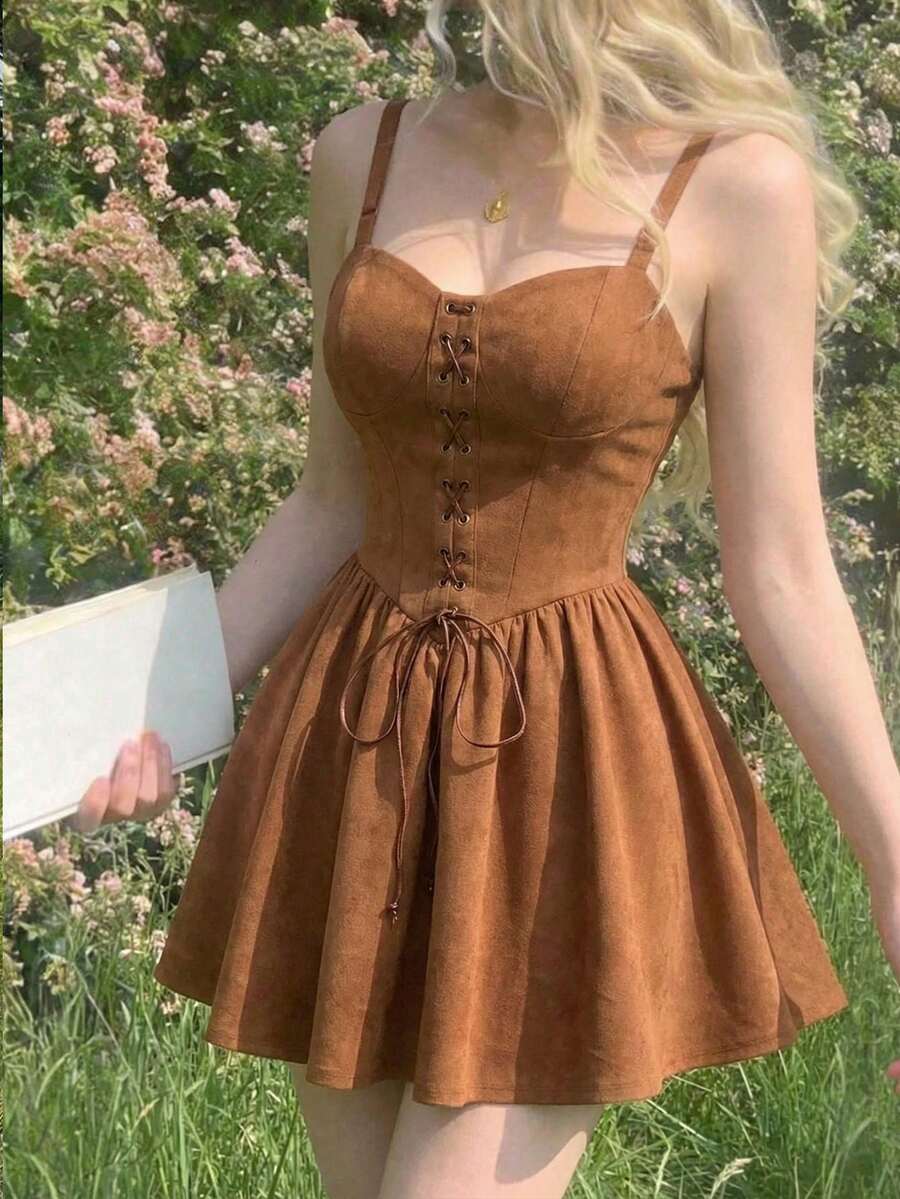 SHEIN MOD 女士复古交叉系带腰部吊带迷你连衣裙，夏季 - 棕色 - 查看 1