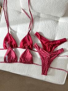 Swim Mod Bộ 4 món bikini chấm bi và đen trơn buộc dây bên hông, kiểu dáng cạp cao, thích hợp cho kỳ nghỉ biển của nữ. - Đỏ - Xem 2