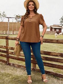 EMERY ROSE Plus Size Solid Color Petal Sleeve Button-Up Shirt, Summer - Rust Brown - View 4