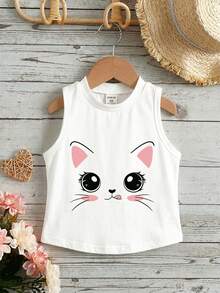 SHEIN Young Girl's Casual Simple Cartoon Printed Sleeveless Round Neck Tank Top For Summer, Perfect For Summer - White - View 1