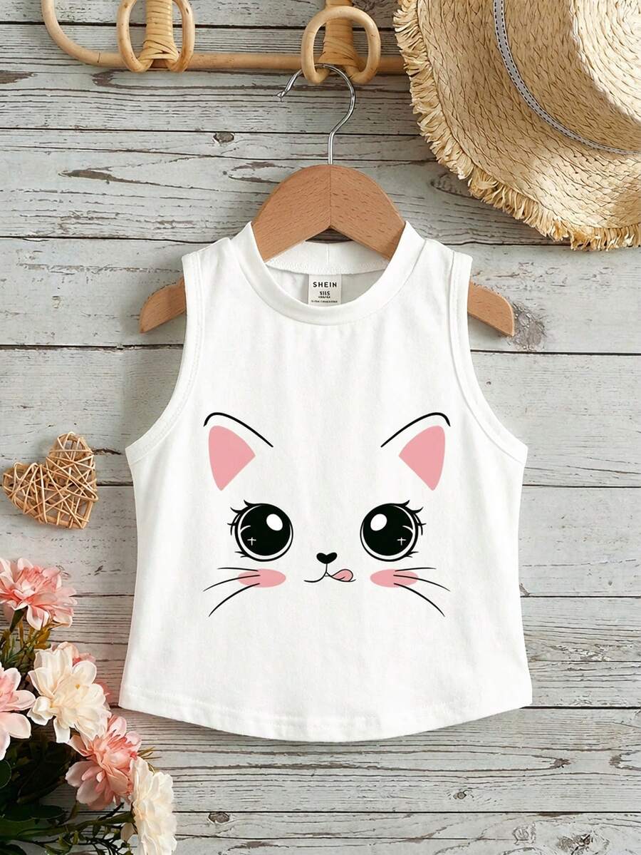 SHEIN Young Girl's Casual Simple Cartoon Printed Sleeveless Round Neck Tank Top For Summer, Perfect For Summer - White - View 1