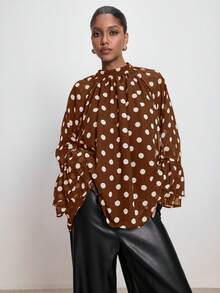 ATUI Studio Women's Brown Polka Dot Long Sleeve Blouse With Wide Ruffled Sleeves & Lace - Elegant Vintage Embroidered Top For Autumn Winter - Brown - View 4