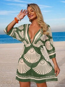 SHEIN Swim Lushore 女士春夏沙滩连衣裙，印花V领收腰度假长裙，含罩衫套装 - 綠色 - 查看 4