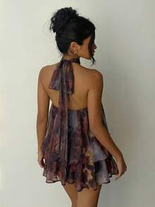 Aloruh 女士优雅浅黄色露背系带迷你连衣裙 - 彩色 - 查看 2