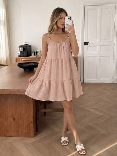 Easowa Layered Ruffle Hem A-Line Umbrella Dress, Spaghetti Strap Casual Ruched Chiffon Fabric Dress, Elegant Commuter & Vacation Wear For Women, Spring/Summer