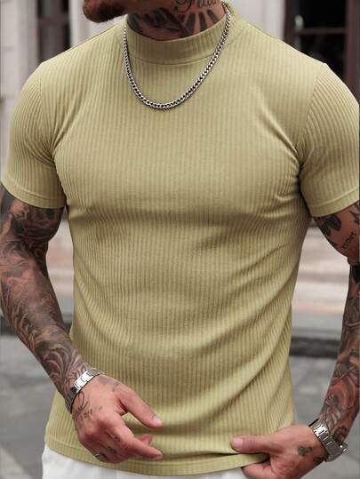 Manfinity Homme 男士纯色短袖罗纹修身休闲T恤