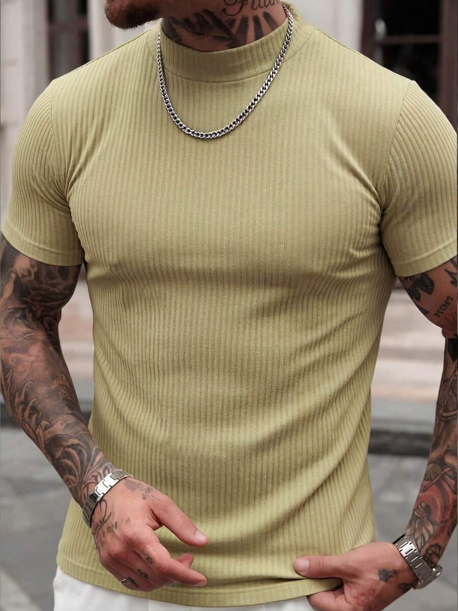 Manfinity Homme Áo thun nam tay ngắn, màu trơn, dáng ôm, có gân, kiểu dáng thường ngày. - màu xanh lá - Xem 1