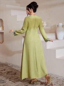 Modelyn Embroidered Trim Patchwork Elegant Modest Plus Size Long Sleeve Dress - Green - View 5