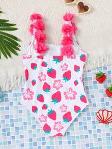 SHEIN Áo tắm liền thân dệt kim họa tiết hoa 3D hình dâu tây cho bé gái, màu hồng, thích hợp cho bơi lội mùa hè và kỳ nghỉ biển. - Hồng - Xem 5